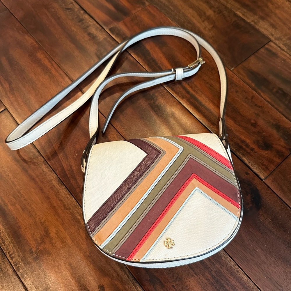 Tory Burch White Leather and Suede Mini Colorblock Saddle Crossbody Bag